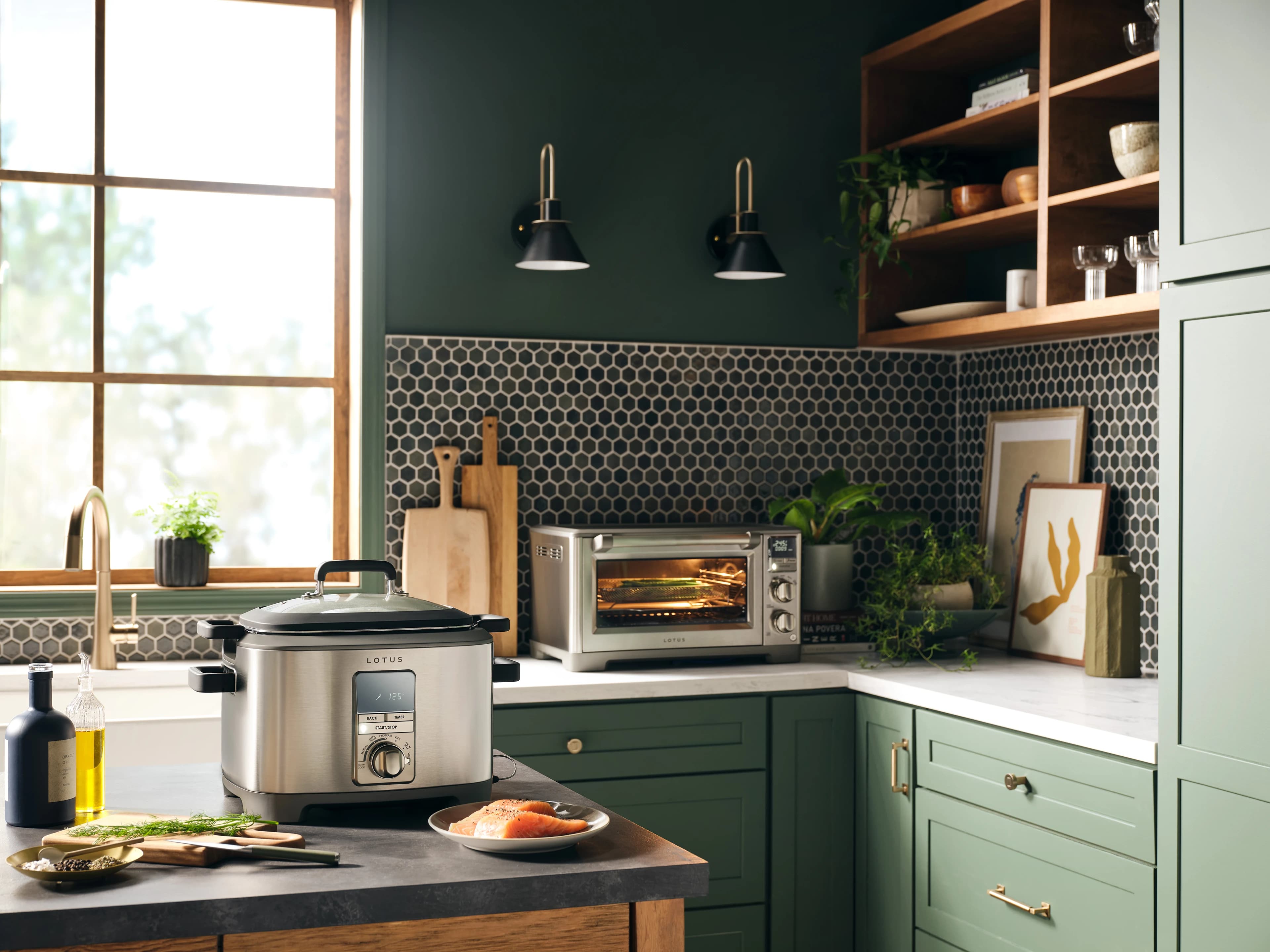 the perfectionist™ air fry and convection oven model ltsco500 and the sous™ advanced multi function cooker with tri ply dutch oven model ltssc500 in kitchen