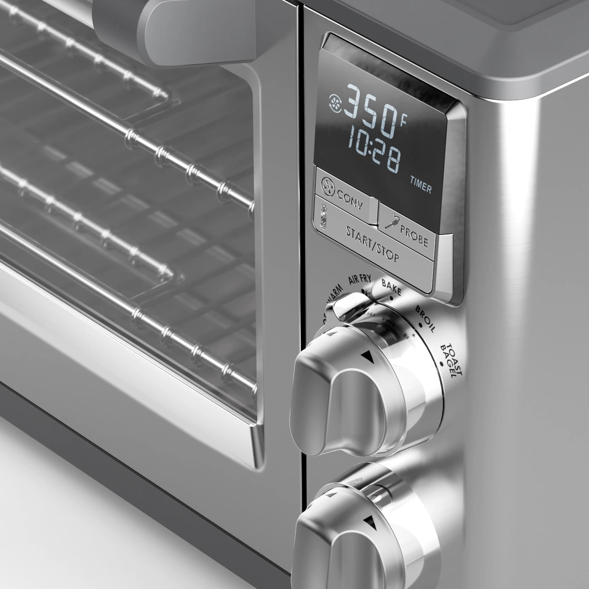 close up of the perfectionist™ air fry and convection oven model ltsco500 knobs and control panel
